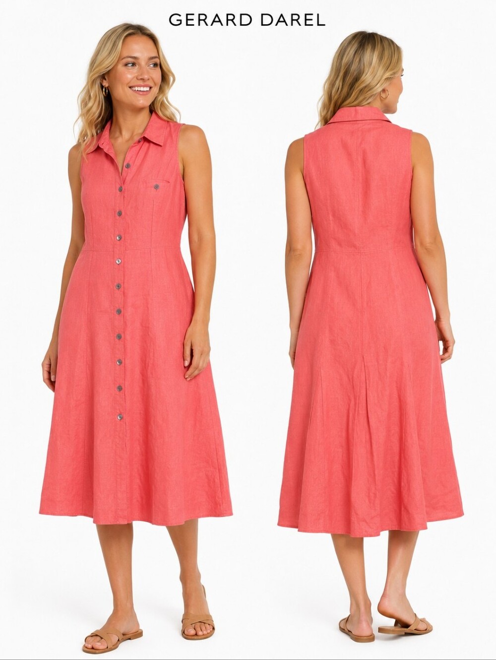 Gerard Darel 100% Linen Sleeveless Shirt Dress Women Coral Pink Button Front 38